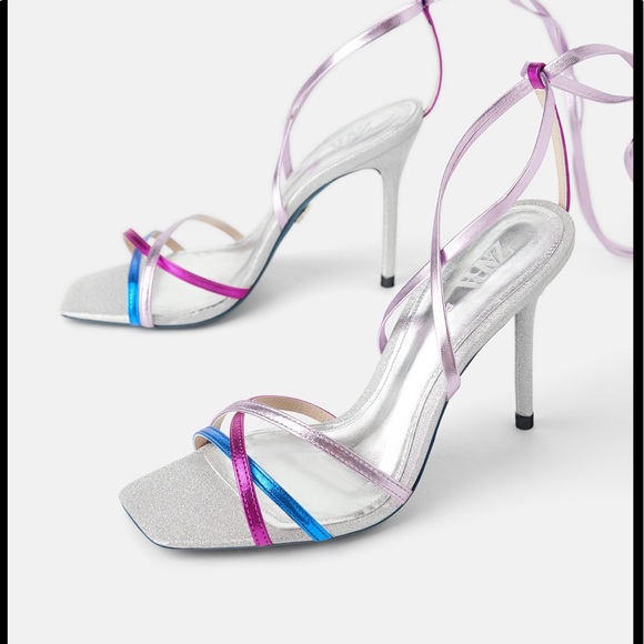 NWOB Zara Blue Collection Strappy Glitter Tie Up Sandal - Picture 1 of 5